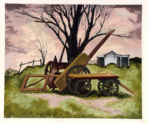 Artist: b'Sumner, Alan.' | Title: b'Carts at St Helena' | Date: c.1945 | Technique: b'screenprint, printed in colour, from 18 stencils' Artist: b'Sumner, Alan.' | Title: b'Carts at St Helena' | Date: c.1945 | Technique: b'screenprint, printed in colour, from 18 stencils'