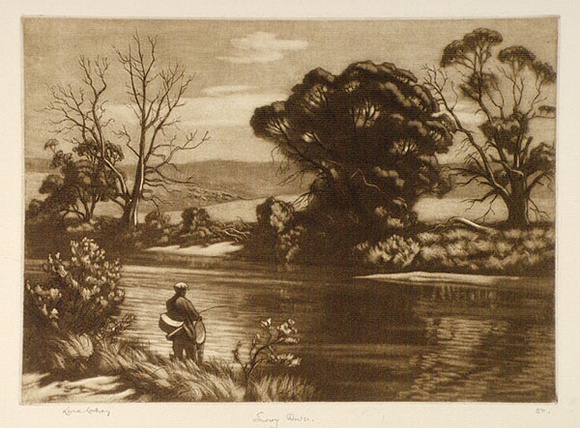 Artist: b'LINDSAY, Lionel' | Title: b'Trout fishing in the Snowy River' | Date: 1946 | Technique: b'mezzotint and etching, printed in brown ink, from one copper plate' | Copyright: b'Courtesy of the National Library of Australia' Artist: b'LINDSAY, Lionel' | Title: b'Trout fishing in the Snowy River' | Date: 1946 | Technique: b'mezzotint and etching, printed in brown ink, from one copper plate' | Copyright: b'Courtesy of the National Library of Australia'