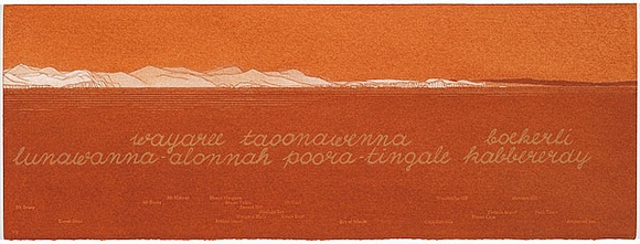 Artist: b'MADDOCK, Bea' | Title: b'Terra Spiritus...with a darker shade of pale' | Date: 1993-98 | Technique: b'stencil print, printed in hand-ground Launceston ochre from multiple hand-cut mylar stencils; letterpress text blind printed; hand-drawn script' Artist: b'MADDOCK, Bea' | Title: b'Terra Spiritus...with a darker shade of pale' | Date: 1993-98 | Technique: b'stencil print, printed in hand-ground Launceston ochre from multiple hand-cut mylar stencils; letterpress text blind printed; hand-drawn script'