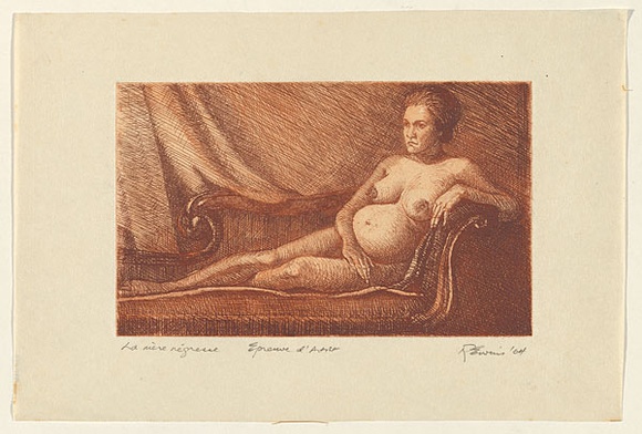 Artist: b'EWINS, Rod' | Title: b'La mere negresse.' | Date: 1963 | Technique: b'etching, printed in red ochre ink, from one copper plate' Artist: b'EWINS, Rod' | Title: b'La mere negresse.' | Date: 1963 | Technique: b'etching, printed in red ochre ink, from one copper plate'
