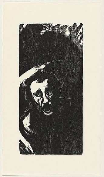 Artist: b'AMOR, Rick' | Title: b'not titled (screaming male face 2).' | Date: (1990) | Technique: b'woodcut, printed in black ink, from one block' Artist: b'AMOR, Rick' | Title: b'not titled (screaming male face 2).' | Date: (1990) | Technique: b'woodcut, printed in black ink, from one block'