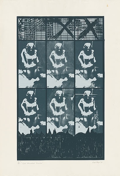 Artist: MEYER, Bill | Title: Linda international dissolves | Date: 1972 | Technique: screenprint, printed in three colours, from two hand-cut stencils and one photo ortho stencil and one hand drawn with charcoal on acetate for indirect photo stencil | Copyright: © Bill Meyer