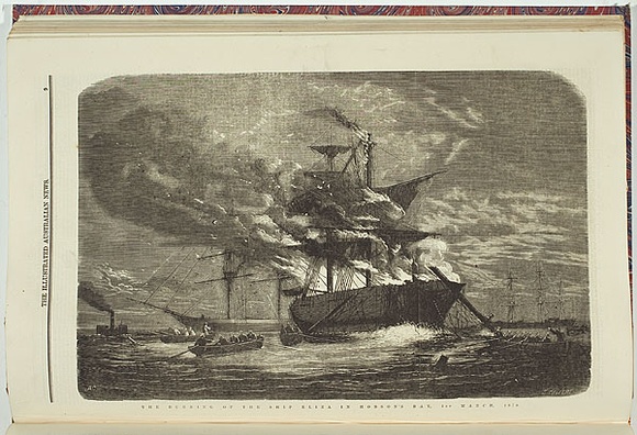 Artist: b'UNIDENTIFIED AUSTRALIAN WOOD-ENGRAVER,' | Title: b'The burning of tne ship Eliza in Hobsons Bay.' | Date: 1970 | Technique: b'wood engraving, printed in black ink, from one block' Artist: b'UNIDENTIFIED AUSTRALIAN WOOD-ENGRAVER,' | Title: b'The burning of tne ship Eliza in Hobsons Bay.' | Date: 1970 | Technique: b'wood engraving, printed in black ink, from one block'