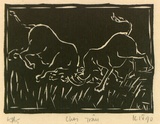 Artist: Nguyen, Tuyet Bach. | Title: Choi trau [The Buffaloes' fight] | Date: 1990 | Technique: linocut, printed in black ink, from one block