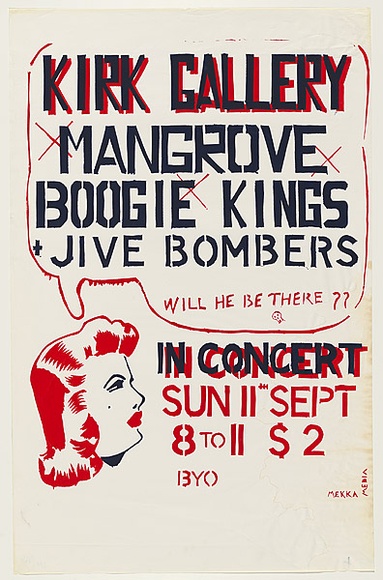 Artist: b'Stripes, Peter.' | Title: b'Kirk Gallery - Mangrove boogie kings' | Date: 1978 | Technique: b'screenprint, printed in colour, from multiple stencils' Artist: b'Stripes, Peter.' | Title: b'Kirk Gallery - Mangrove boogie kings' | Date: 1978 | Technique: b'screenprint, printed in colour, from multiple stencils'