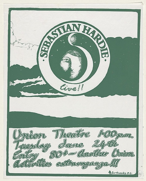 Artist: b'MACKINOLTY, Chips' | Title: b'Sebastian Hardie live!! Union Theatre' | Date: 1976 | Technique: b'screenprint, printed in green ink, from one stencil' Artist: b'MACKINOLTY, Chips' | Title: b'Sebastian Hardie live!! Union Theatre' | Date: 1976 | Technique: b'screenprint, printed in green ink, from one stencil'