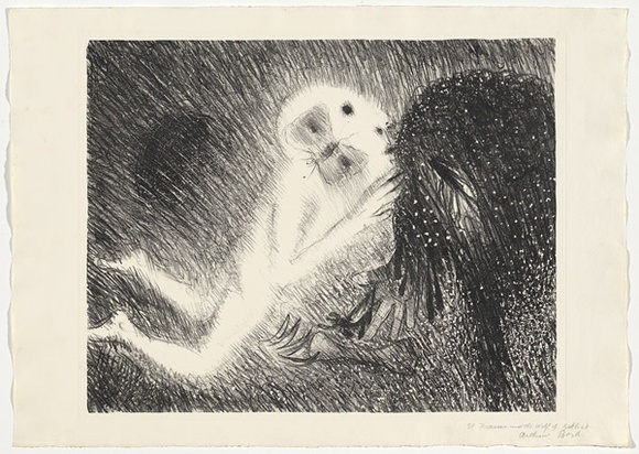 Artist: b'BOYD, Arthur' | Title: b'St Francis kissing the Wolf of Gubbio.' | Date: (1965) | Technique: b'lithograph, printed in black ink, from one plate' | Copyright: b'Reproduced with permission of Bundanon Trust' Artist: b'BOYD, Arthur' | Title: b'St Francis kissing the Wolf of Gubbio.' | Date: (1965) | Technique: b'lithograph, printed in black ink, from one plate' | Copyright: b'Reproduced with permission of Bundanon Trust'