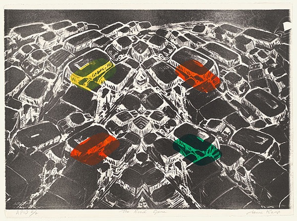 Artist: b'Kamp, Jenni.' | Title: b'The road game' | Date: 1997, May - June | Technique: b'lithograph, printed in black ink, from one stone; handcoloured' Artist: b'Kamp, Jenni.' | Title: b'The road game' | Date: 1997, May - June | Technique: b'lithograph, printed in black ink, from one stone; handcoloured'