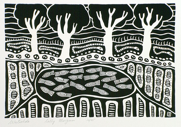 Artist: b'Morgan, Sally.' | Title: b'Waterhole' | Date: 1988 | Technique: b'screenprint, printed in black ink, from one stencil' Artist: b'Morgan, Sally.' | Title: b'Waterhole' | Date: 1988 | Technique: b'screenprint, printed in black ink, from one stencil'