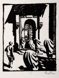 Artist: Hawkins, Weaver. | Title: not titled [figures near entrance to temple?]. | Date: c.1930 | Technique: woodcut, printed in black ink, from one block | Copyright: The Estate of H.F Weaver Hawkins