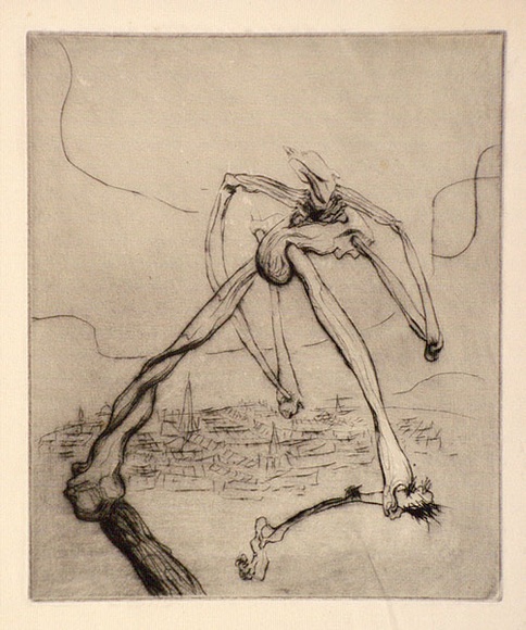 Artist: b'Graham, Geoffrey.' | Title: b'Striding bone figure' | Date: 1938 | Technique: b'etching, printed in black ink, from one plate' Artist: b'Graham, Geoffrey.' | Title: b'Striding bone figure' | Date: 1938 | Technique: b'etching, printed in black ink, from one plate'