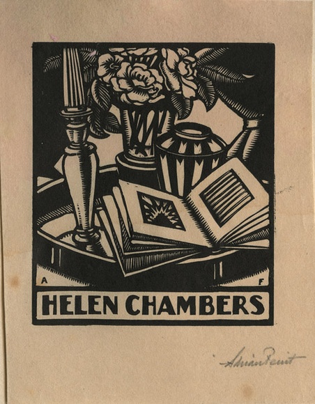 Artist: b'FEINT, Adrian' | Title: b'Bookplate: Helen Chambers.' | Date: (1927) | Technique: b'wood-engraving, printed in black ink, from one block' | Copyright: b'Courtesy the Estate of Adrian Feint' Artist: b'FEINT, Adrian' | Title: b'Bookplate: Helen Chambers.' | Date: (1927) | Technique: b'wood-engraving, printed in black ink, from one block' | Copyright: b'Courtesy the Estate of Adrian Feint'