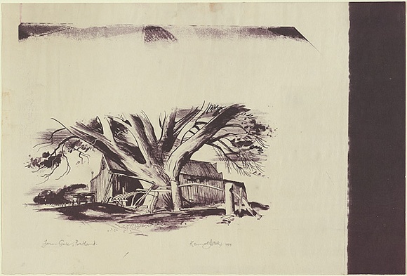 Artist: b'Jack, Kenneth.' | Title: b'Farm Gate, Portland' | Date: 1954 | Technique: b'lithograph, printed in purple-brown ink, from one zinc plate' | Copyright: b'\xc2\xa9 Kenneth Jack. Licensed by VISCOPY, Australia' Artist: b'Jack, Kenneth.' | Title: b'Farm Gate, Portland' | Date: 1954 | Technique: b'lithograph, printed in purple-brown ink, from one zinc plate' | Copyright: b'\xc2\xa9 Kenneth Jack. Licensed by VISCOPY, Australia'