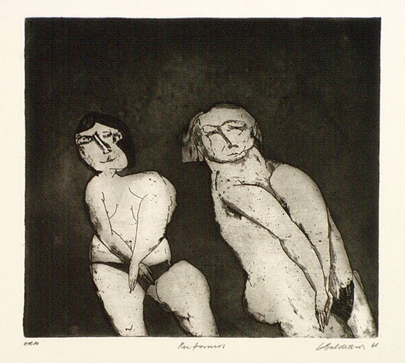 Artist: b'BALDESSIN, George' | Title: b'Performers.' | Date: 1966 | Technique: b'etching and aquatint, printed in black ink, from one plate' Artist: b'BALDESSIN, George' | Title: b'Performers.' | Date: 1966 | Technique: b'etching and aquatint, printed in black ink, from one plate'