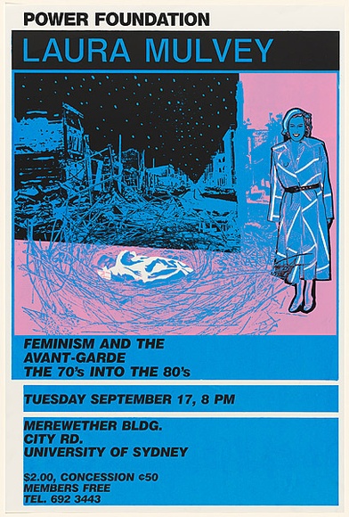 Artist: b'McMahon, Marie.' | Title: bPower Foundation: Laura Mulvey - Feminism and the avante-garde the 70's into the 80's. | Date: 1985 | Technique: b'screenprint, printed in colour, from three stencils' | Copyright: b'\xc2\xa9 Marie McMahon. Licensed by VISCOPY, Australia' Artist: b'McMahon, Marie.' | Title: bPower Foundation: Laura Mulvey - Feminism and the avante-garde the 70's into the 80's. | Date: 1985 | Technique: b'screenprint, printed in colour, from three stencils' | Copyright: b'\xc2\xa9 Marie McMahon. Licensed by VISCOPY, Australia'