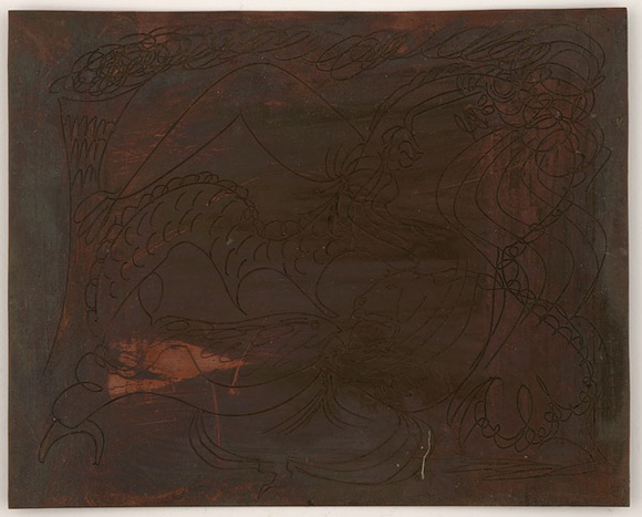 Artist: b'BOYD, Arthur' | Title: b'Plate 43: Weeping figure with couch and smoking chimney.' | Date: (1968-69) | Technique: b'etched plate' | Copyright: b'This work appears on screen courtesy of Bundanon Trust' Artist: b'BOYD, Arthur' | Title: b'Plate 43: Weeping figure with couch and smoking chimney.' | Date: (1968-69) | Technique: b'etched plate' | Copyright: b'This work appears on screen courtesy of Bundanon Trust'