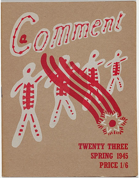 Artist: b'Green, Irvine.' | Title: b'A Comment, no.23, Spring 1945.' | Date: 1945 | Technique: b'linocut, printed in red and white ink, from two blocks; letterpress text' Artist: b'Green, Irvine.' | Title: b'A Comment, no.23, Spring 1945.' | Date: 1945 | Technique: b'linocut, printed in red and white ink, from two blocks; letterpress text'