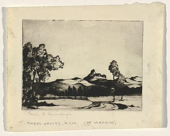 Artist: b'Rosenstengel, Paula.' | Title: b'Mt Warning, Tweed Valley NSW' | Date: c.1935 | Technique: b'drypoint, printed in black ink, from one plate' Artist: b'Rosenstengel, Paula.' | Title: b'Mt Warning, Tweed Valley NSW' | Date: c.1935 | Technique: b'drypoint, printed in black ink, from one plate'