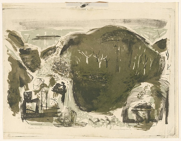 Artist: b'MACQUEEN, Mary' | Title: b'Crater country' | Date: 1959 | Technique: b'lithograph, printed in colour, from multiple plates' | Copyright: b'Courtesy Paulette Calhoun, for the estate of Mary Macqueen' Artist: b'MACQUEEN, Mary' | Title: b'Crater country' | Date: 1959 | Technique: b'lithograph, printed in colour, from multiple plates' | Copyright: b'Courtesy Paulette Calhoun, for the estate of Mary Macqueen'