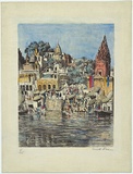 Artist: Carrick, Ethel. | Title: Pilgrims bathing at Benares. | Date: (1925) | Technique: lithograph, printed in black ink, from one stone; hand-coloured in watercolour