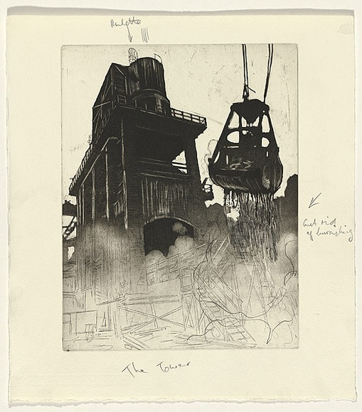 Artist: b'Gittoes, George.' | Title: b'The tower' | Date: 1991 | Technique: b'etching, printed in black ink, from one plate'