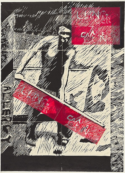 Artist: b'Charuk, Peter.' | Title: bMen's work: 2/lung cancer - father. | Date: 1996 | Technique: b'linocut, printed in colour, from multiple blocks; with collage elements' Artist: b'Charuk, Peter.' | Title: bMen's work: 2/lung cancer - father. | Date: 1996 | Technique: b'linocut, printed in colour, from multiple blocks; with collage elements'