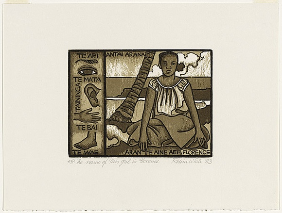 Artist: b'White, Robin.' | Title: b'The name of this girl is Florence' | Date: 1983 | Technique: b'woodcut, printed in colour, from four blocks (black and three brown inks)' Artist: b'White, Robin.' | Title: b'The name of this girl is Florence' | Date: 1983 | Technique: b'woodcut, printed in colour, from four blocks (black and three brown inks)'