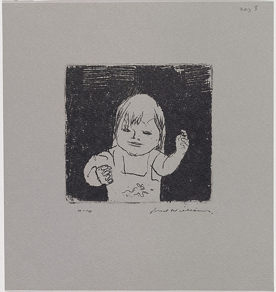 Artist: b'WILLIAMS, Fred' | Title: b'Isobel in her playsuit' | Date: 1964-65 | Technique: b'etching, drypoint, flat biting, counter proof, printed in black ink, from one copper plate' | Copyright: b'\xc2\xa9 Fred Williams Estate' Artist: b'WILLIAMS, Fred' | Title: b'Isobel in her playsuit' | Date: 1964-65 | Technique: b'etching, drypoint, flat biting, counter proof, printed in black ink, from one copper plate' | Copyright: b'\xc2\xa9 Fred Williams Estate'