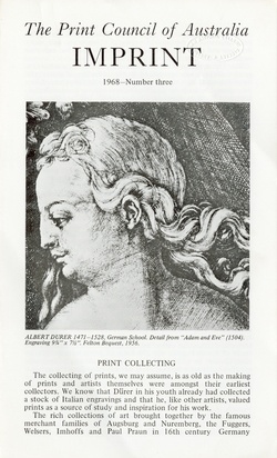 <p>Imprint [Journal of the Print Council of Australia], volume 03, number 3, 1968.</p>