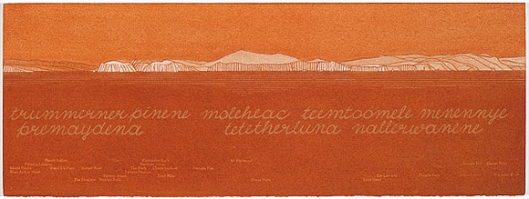 Artist: b'MADDOCK, Bea' | Title: b'Terra Spiritus...with a darker shade of pale' | Date: 1993-98 | Technique: b'stencil print, printed in hand-ground Launceston ochre from multiple hand-cut mylar stencils; letterpress text blind printed; hand-drawn script' Artist: b'MADDOCK, Bea' | Title: b'Terra Spiritus...with a darker shade of pale' | Date: 1993-98 | Technique: b'stencil print, printed in hand-ground Launceston ochre from multiple hand-cut mylar stencils; letterpress text blind printed; hand-drawn script'