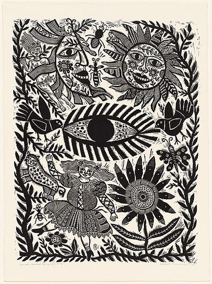 Artist: b'HANRAHAN, Barbara' | Title: b'Sun and moon and the eye of God' | Date: 1988 | Technique: b'linocut, printed in black ink, from one block' Artist: b'HANRAHAN, Barbara' | Title: b'Sun and moon and the eye of God' | Date: 1988 | Technique: b'linocut, printed in black ink, from one block'