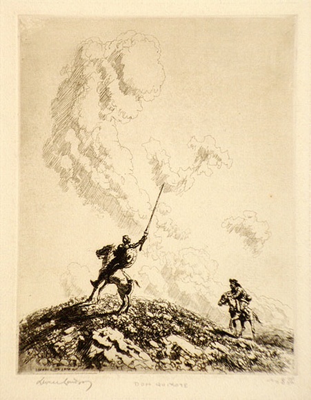 Artist: LINDSAY, Lionel | Title: Don Quixote | Date: 1922 | Technique: etching, printed in brown ink with plate-tone, from one plate | Copyright: Courtesy of the National Library of Australia Artist: LINDSAY, Lionel | Title: Don Quixote | Date: 1922 | Technique: etching, printed in brown ink with plate-tone, from one plate | Copyright: Courtesy of the National Library of Australia