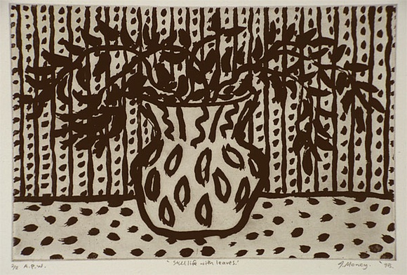 Artist: b'Money, John.' | Title: b'Still life with leaves' | Date: 1995, September/October | Technique: b'liftground-aquatint, printed in black ink, from one plate' Artist: b'Money, John.' | Title: b'Still life with leaves' | Date: 1995, September/October | Technique: b'liftground-aquatint, printed in black ink, from one plate'