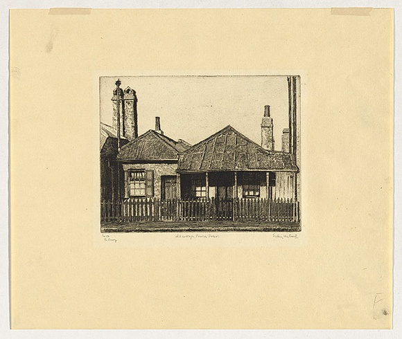Artist: b'URE SMITH, Sydney' | Title: b'Old cottages, Princes Street' | Date: 1920, after | Technique: b'etching, printed in black ink, from one plate' Artist: b'URE SMITH, Sydney' | Title: b'Old cottages, Princes Street' | Date: 1920, after | Technique: b'etching, printed in black ink, from one plate'