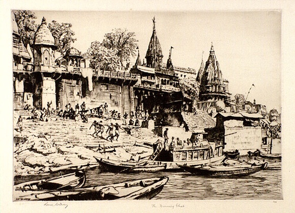Artist: LINDSAY, Lionel | Title: The burning ghat, Benares | Date: 1930 | Technique: drypoint, printed in brown ink, from one plate | Copyright: Courtesy of the National Library of Australia