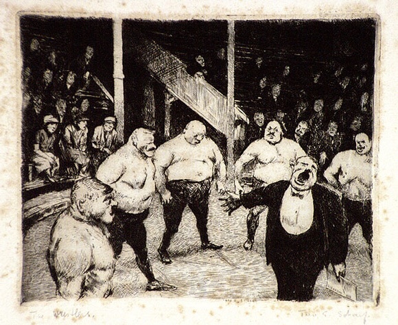 Artist: b'Scharf, Theo.' | Title: b'The wrestlers' | Date: c.1938 | Technique: b'etching, printed in black ink, from one plate' | Copyright: b'\xc2\xa9 The Estate of Theo Scharf.' Artist: b'Scharf, Theo.' | Title: b'The wrestlers' | Date: c.1938 | Technique: b'etching, printed in black ink, from one plate' | Copyright: b'\xc2\xa9 The Estate of Theo Scharf.'