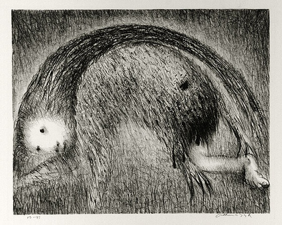 Artist: b'BOYD, Arthur' | Title: b'The Wolf of Gubbio with St Francis in a bent tree.' | Date: (1965) | Technique: b'lithograph, printed in black ink, from one plate' | Copyright: b'Reproduced with permission of Bundanon Trust' Artist: b'BOYD, Arthur' | Title: b'The Wolf of Gubbio with St Francis in a bent tree.' | Date: (1965) | Technique: b'lithograph, printed in black ink, from one plate' | Copyright: b'Reproduced with permission of Bundanon Trust'