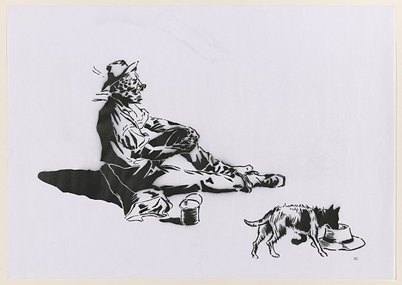 Artist: b'CIVIL,' | Title: b'Not titled (swagman with dog).' | Date: 2003 | Technique: b'stencil, printed in black ink, from one stencil' Artist: b'CIVIL,' | Title: b'Not titled (swagman with dog).' | Date: 2003 | Technique: b'stencil, printed in black ink, from one stencil'