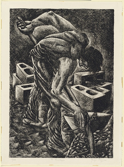 Artist: b'Faggioni, Giorgio.' | Title: b'The bricklayer.' | Date: 1982 | Technique: b'engraving, printed in black ink, from one plate' Artist: b'Faggioni, Giorgio.' | Title: b'The bricklayer.' | Date: 1982 | Technique: b'engraving, printed in black ink, from one plate'