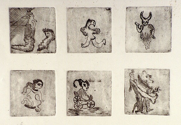 Artist: b'Shearer, Mitzi.' | Title: b'not titled [six small pictures on one sheet]' | Date: 1980 | Technique: b'etching, printed in black ink with plate-tone, from six  plates'