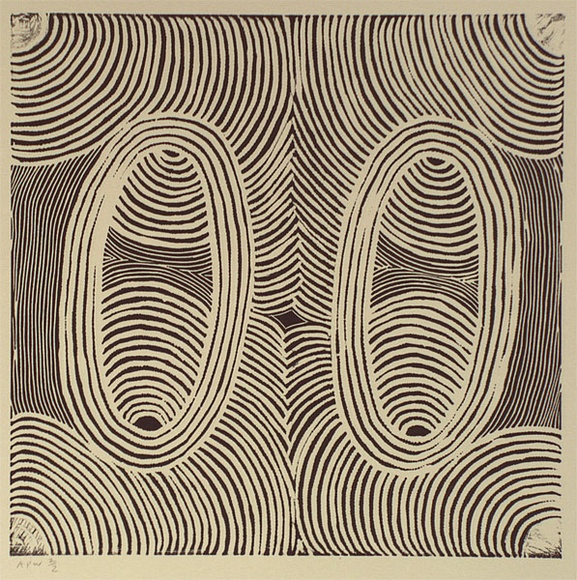 Artist: b'Cherel, Kumanjayi (Butcher).' | Title: b'Eggs.' | Date: 1996, January - February | Technique: b'linocut, printed in black ink, from one block'