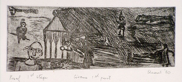 Artist: b'Shearer, Mitzi.' | Title: b'Circus, first part' | Date: 1980 | Technique: b'etching, printed in black ink with plate-tone, from one plate' Artist: b'Shearer, Mitzi.' | Title: b'Circus, first part' | Date: 1980 | Technique: b'etching, printed in black ink with plate-tone, from one plate'