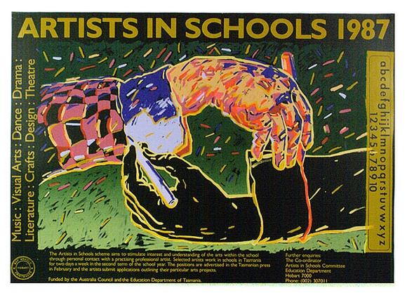 Artist: b'ARNOLD, Raymond' | Title: b'Artists in schools.' | Date: 1986 | Technique: b'screenprint, printed in colour, from 10 stencils' Artist: b'ARNOLD, Raymond' | Title: b'Artists in schools.' | Date: 1986 | Technique: b'screenprint, printed in colour, from 10 stencils'