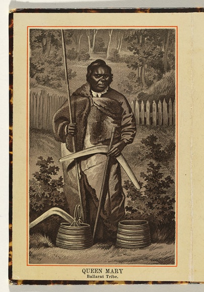 Artist: b'UNKNOWN' | Title: b'Queen Mary; Ballarat tribe.' | Date: c.1890 | Technique: b'lithograph, printed in brown ink, from one plate; varnished'