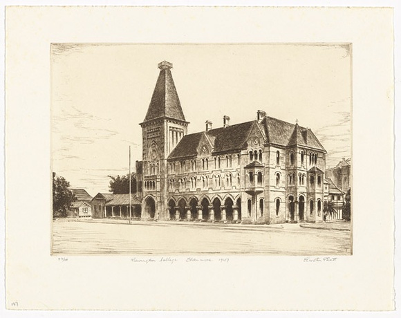 Artist: b'PLATT, Austin' | Title: b'Newington College, Stanmore' | Date: 1947 | Technique: b'etching, printed in black ink, from one plate' Artist: b'PLATT, Austin' | Title: b'Newington College, Stanmore' | Date: 1947 | Technique: b'etching, printed in black ink, from one plate'