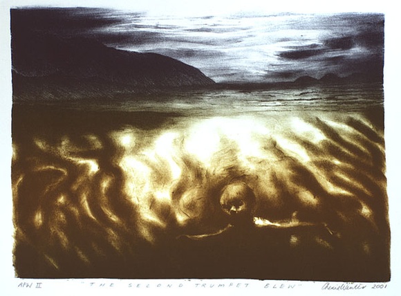 Artist: b'Winter, Cherie.' | Title: b'The second trumpet blew' | Date: 2001, 15 March | Technique: b'lithograph, printed in colour, from multiple stones' Artist: b'Winter, Cherie.' | Title: b'The second trumpet blew' | Date: 2001, 15 March | Technique: b'lithograph, printed in colour, from multiple stones'