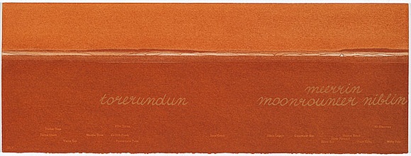 Artist: b'MADDOCK, Bea' | Title: b'Terra Spiritus...with a darker shade of pale' | Date: 1993-98 | Technique: b'stencil print, printed in hand-ground Launceston ochre from multiple hand-cut mylar stencils; letterpress text blind printed; hand-drawn script' Artist: b'MADDOCK, Bea' | Title: b'Terra Spiritus...with a darker shade of pale' | Date: 1993-98 | Technique: b'stencil print, printed in hand-ground Launceston ochre from multiple hand-cut mylar stencils; letterpress text blind printed; hand-drawn script'
