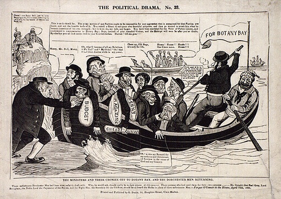 Artist: b'UNKNOWN,' | Title: b'The Ministers and their cronies off to Botany Bay and the Dorchester men returning' | Date: 1834 | Technique: b'woodcut, printed in black ink, from one block' Artist: b'UNKNOWN,' | Title: b'The Ministers and their cronies off to Botany Bay and the Dorchester men returning' | Date: 1834 | Technique: b'woodcut, printed in black ink, from one block'