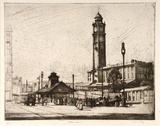 Artist: LONG, Sydney | Title: Station Square [1] | Date: 1927 | Technique: line-etching, drypoint printed in brown ink, from one copper plate | Copyright: Reproduced with the kind permission of the Ophthalmic Research Institute of Australia