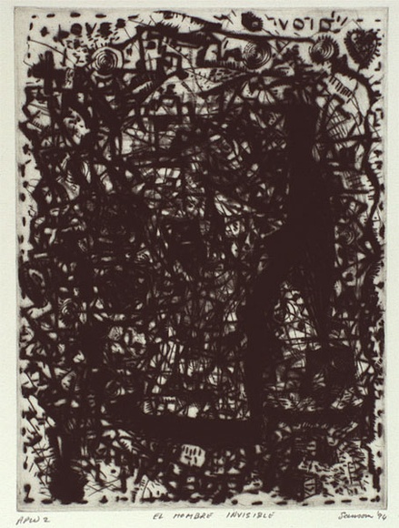 Artist: b'SANSOM, Gareth' | Title: b'El hombre invisible' | Date: 1994, January - March | Technique: b'drypoint and roullette, printed in black ink, from one plate' Artist: b'SANSOM, Gareth' | Title: b'El hombre invisible' | Date: 1994, January - March | Technique: b'drypoint and roullette, printed in black ink, from one plate'